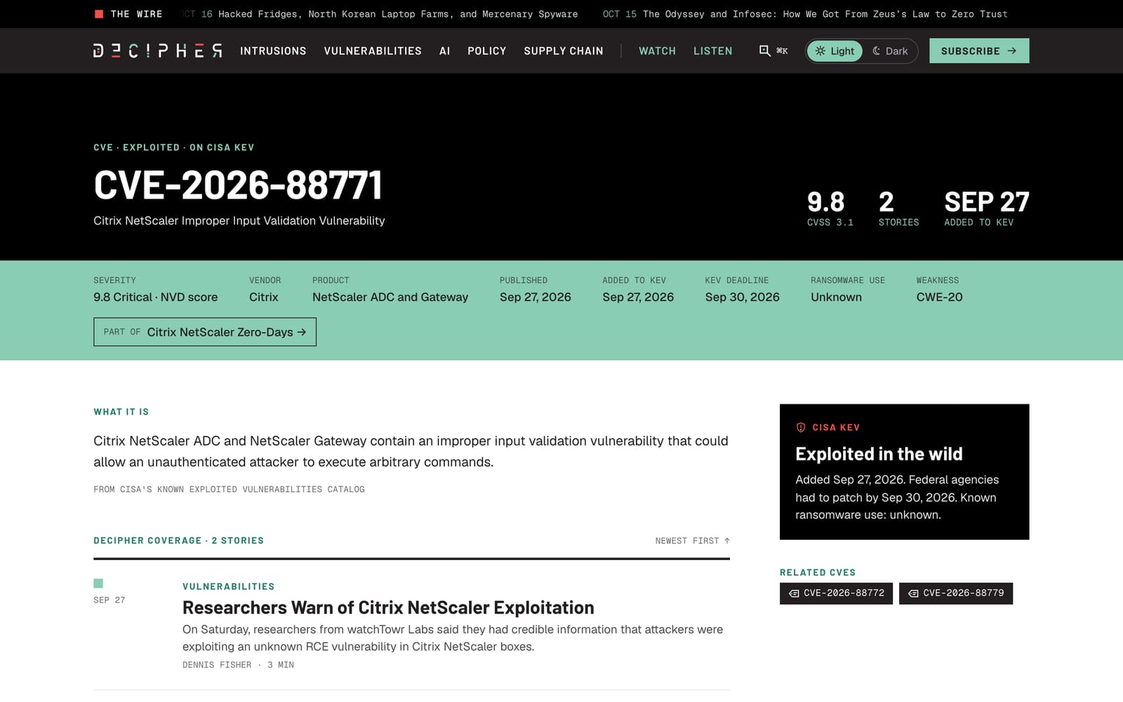 A CVE page: the CVSS score, a facts bar from NVD and CISA, the official description and Decipher’s coverage