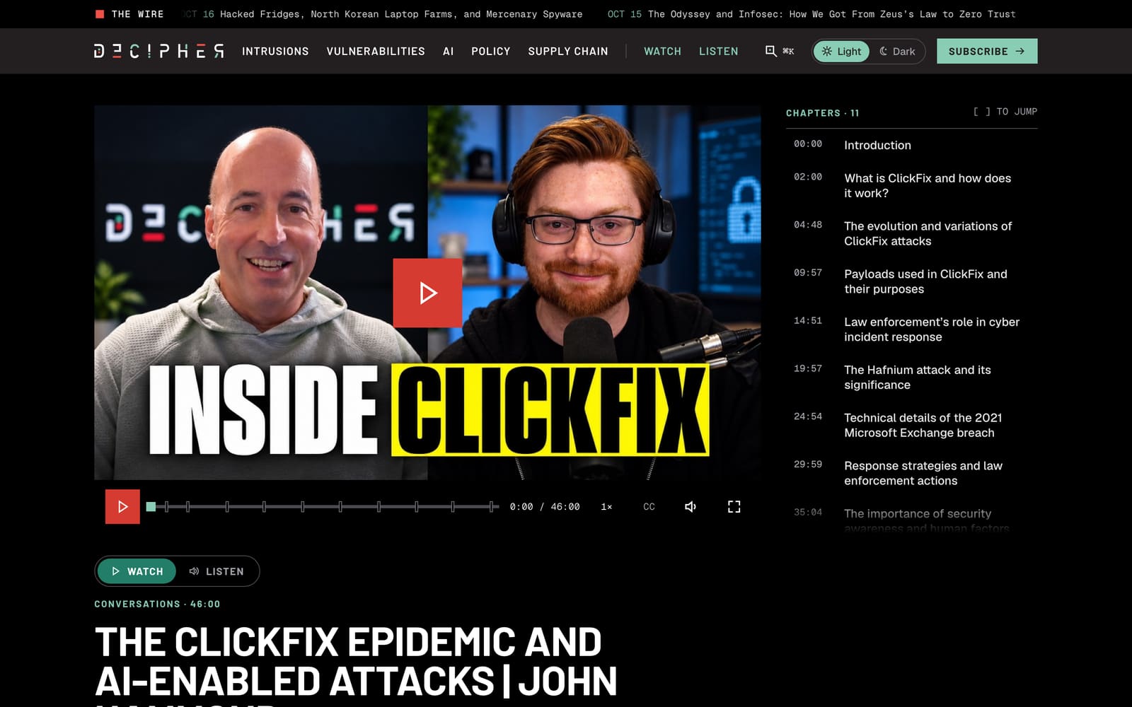An episode page: the video player with chapter markers and a chapter list beside it