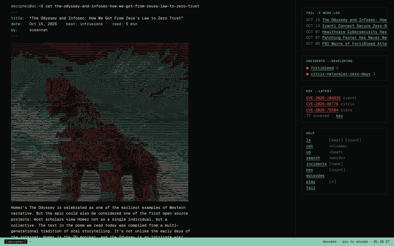 The site as a command line: a story printed as text with its photo drawn in ASCII characters