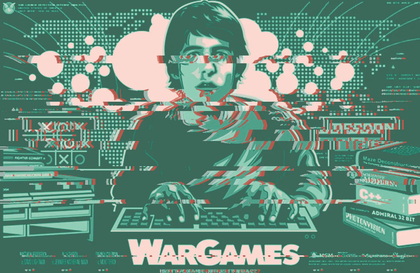 Illustrated WarGames poster of a young man typing at a keyboard before a world map and DEFCON display