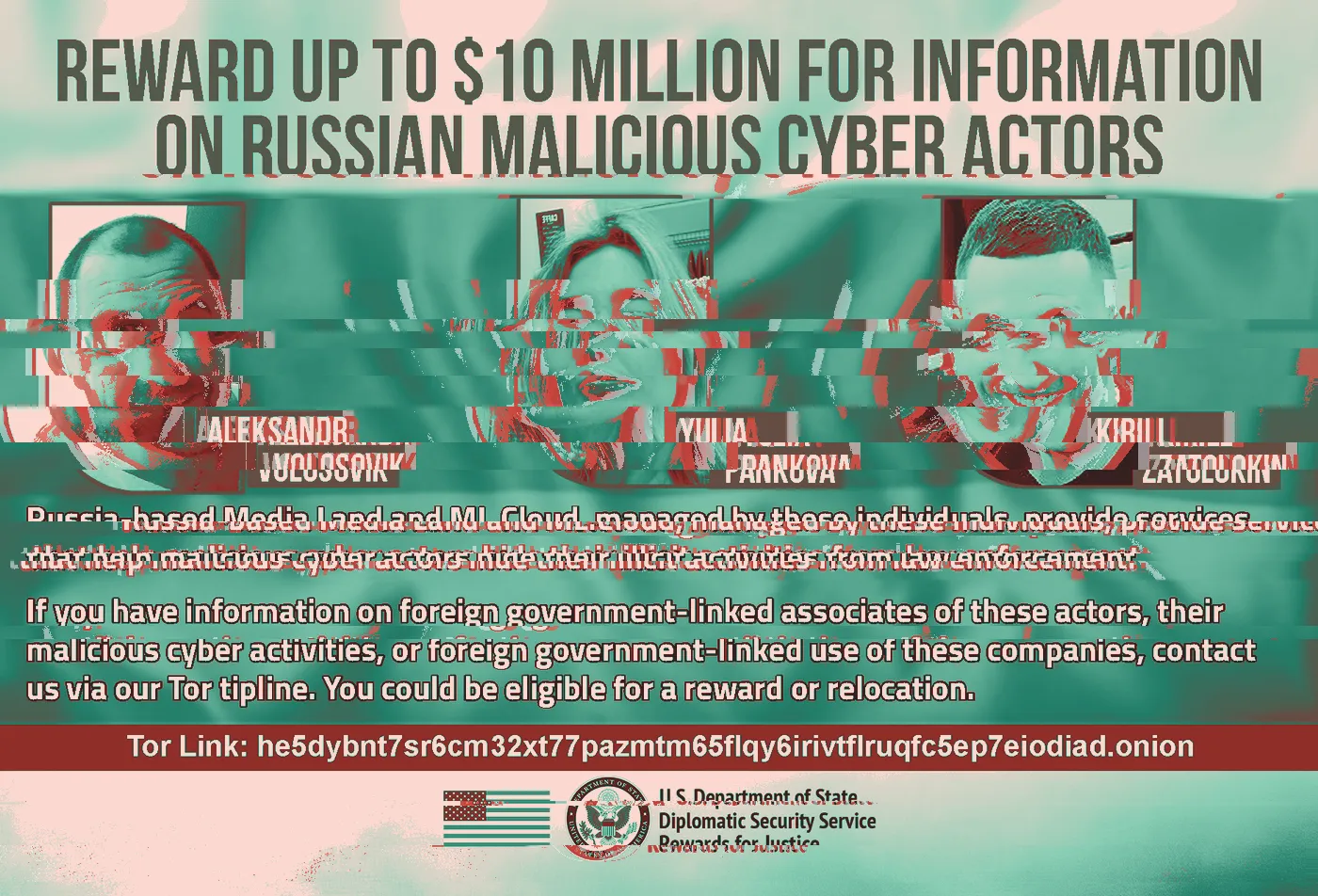 Rewards for Justice poster offering up to $10 million for information on three Russian cyber actors