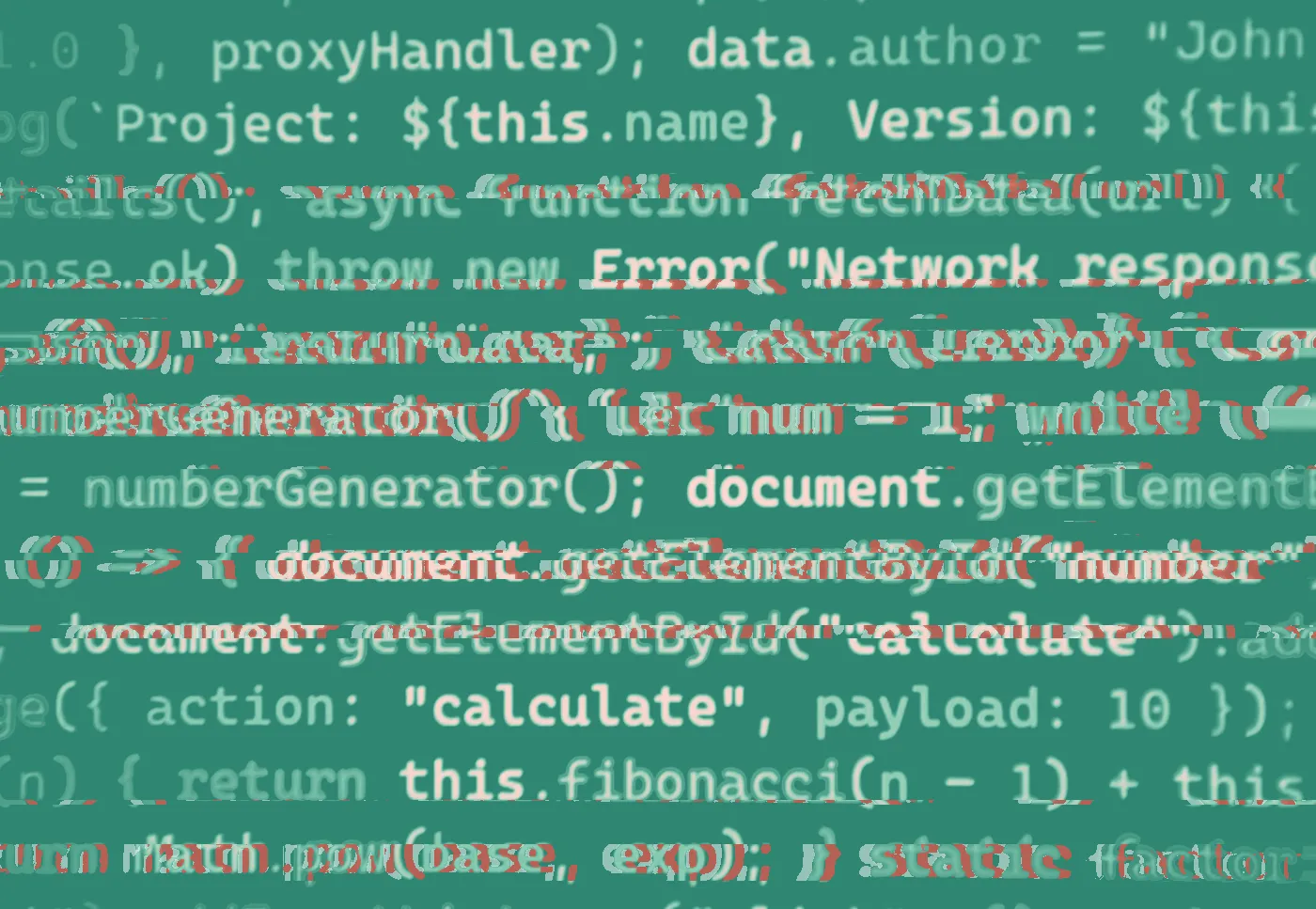 Brightly coloured JavaScript code on a black screen