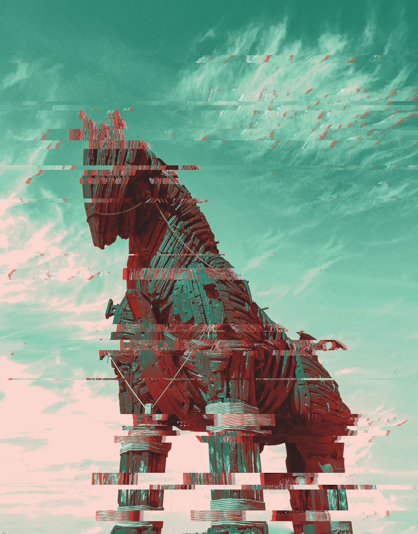 Giant dark wooden Trojan horse statue against a blue sky with wispy clouds