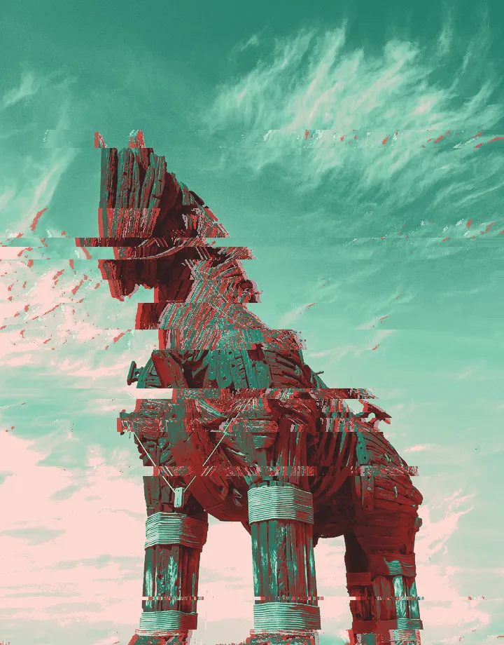 Giant dark wooden Trojan horse statue against a blue sky with wispy clouds