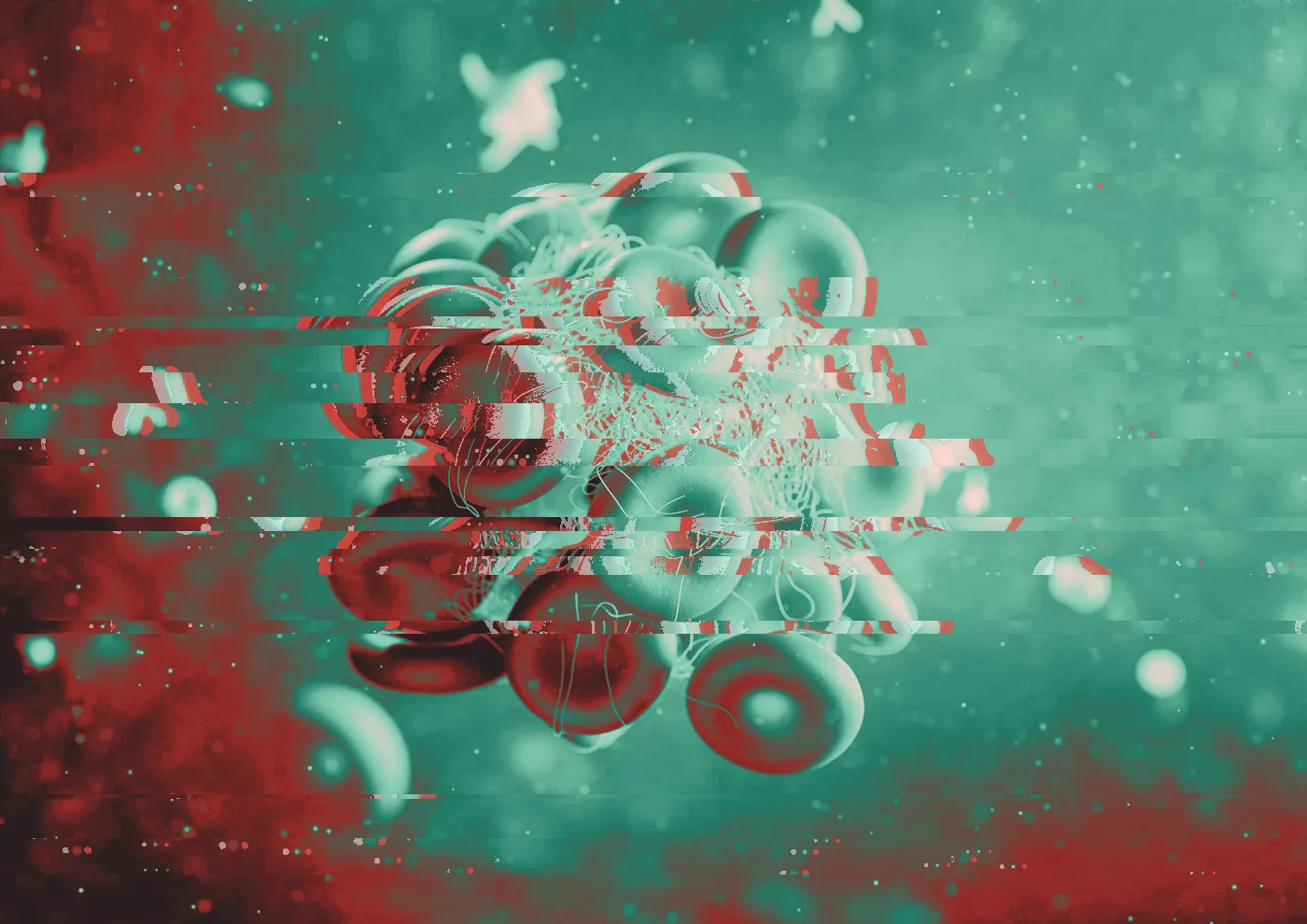 3D illustration of red blood cells clumped in fibrous strands against a dark blue background