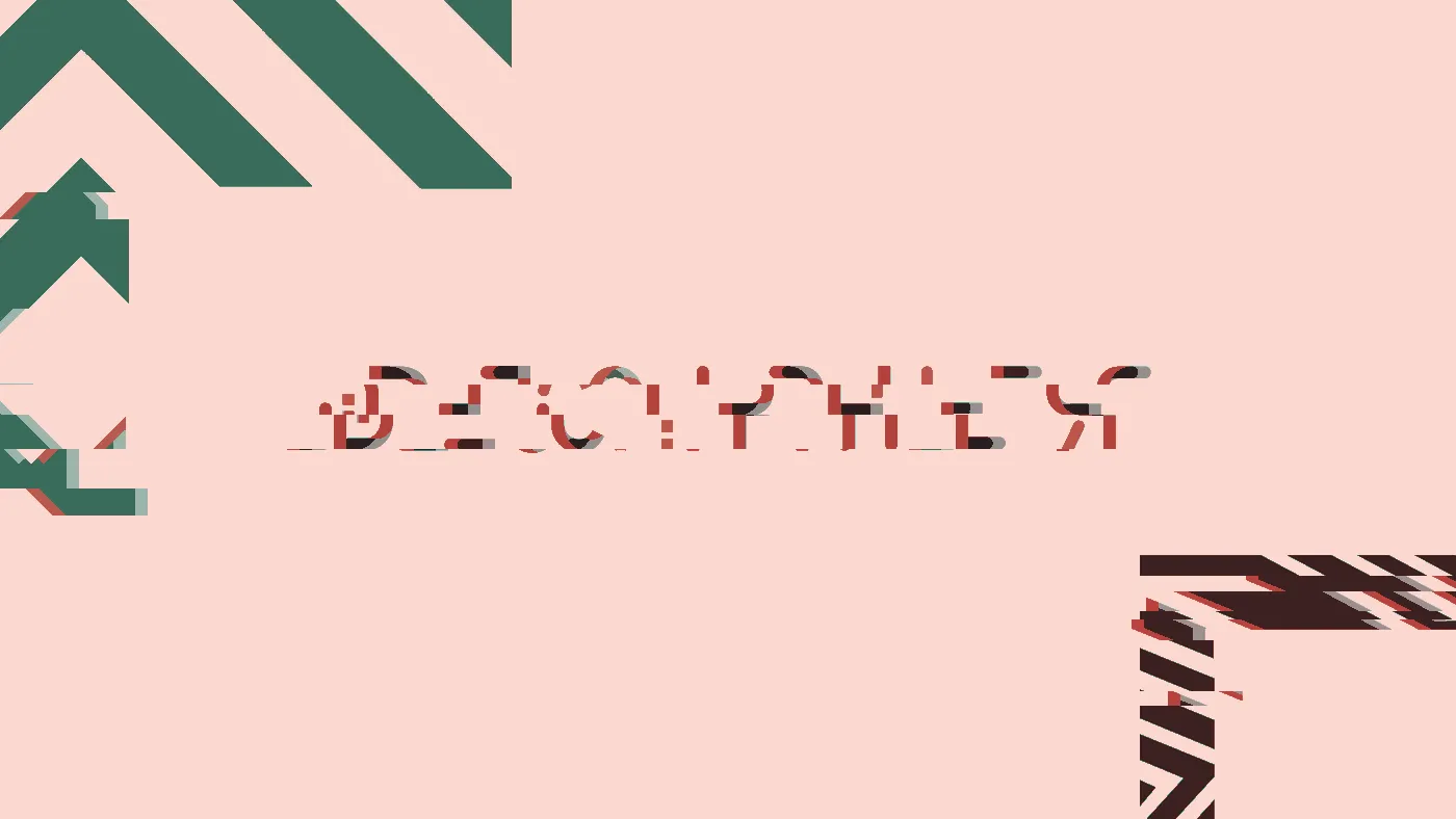 Decipher wordmark on white with mint green and coral striped corner shapes