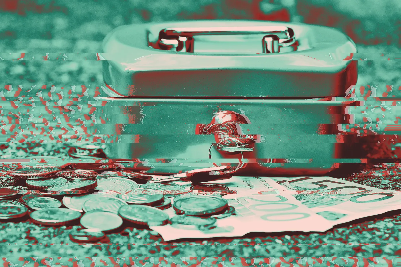 Grey cash box with a key in its lock, coins and euro notes spilling out