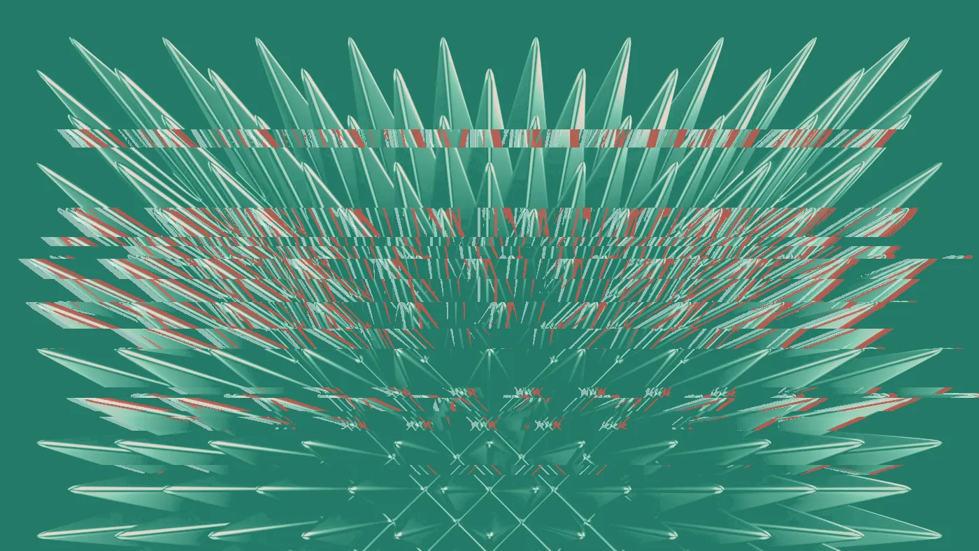 Abstract field of sharp spikes lit in neon pink, purple and teal on black