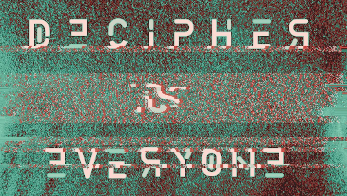 Decipher is everyone in white, mint and coral stencil letters on black fabric