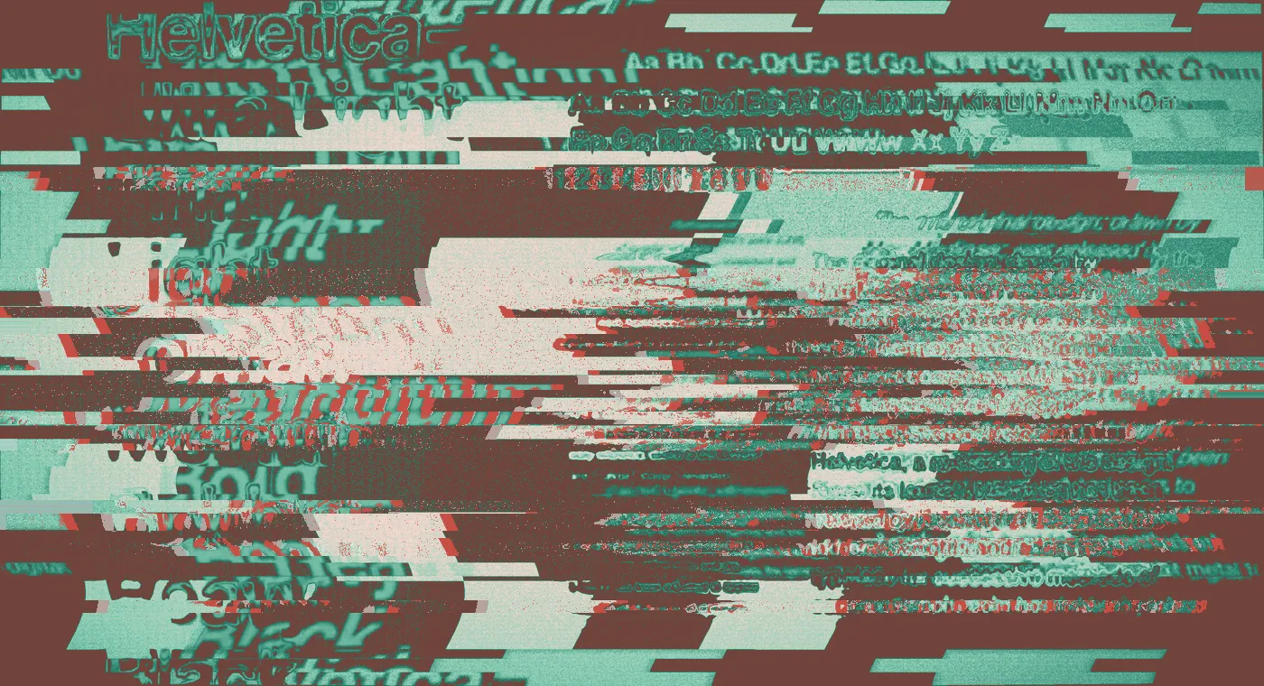 Glitched, distorted Helvetica type specimen in red, pink, green and black