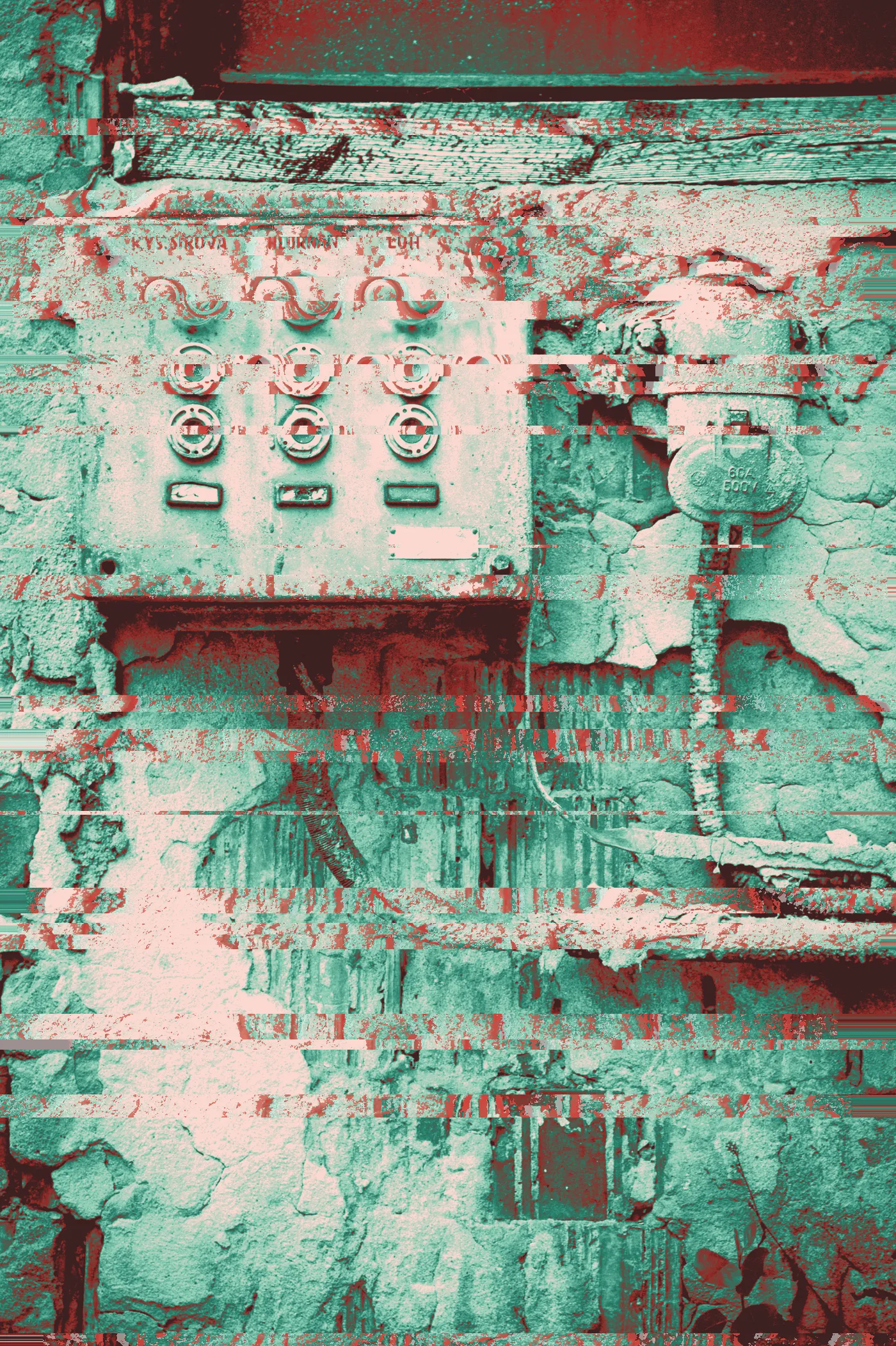 Old doorbell panel and rusted wiring on a cracked, peeling wall in black and white