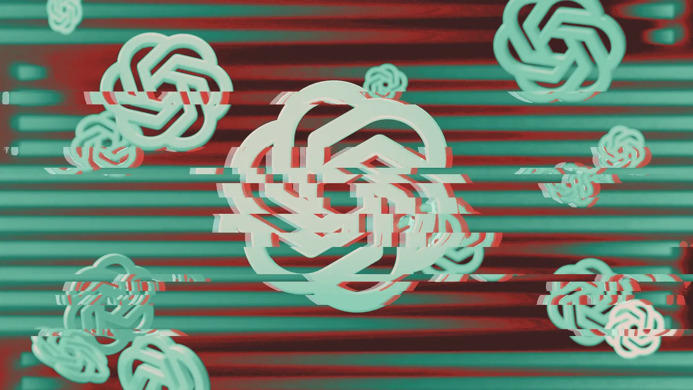 Pink OpenAI knot logos floating over a purple and green striped background