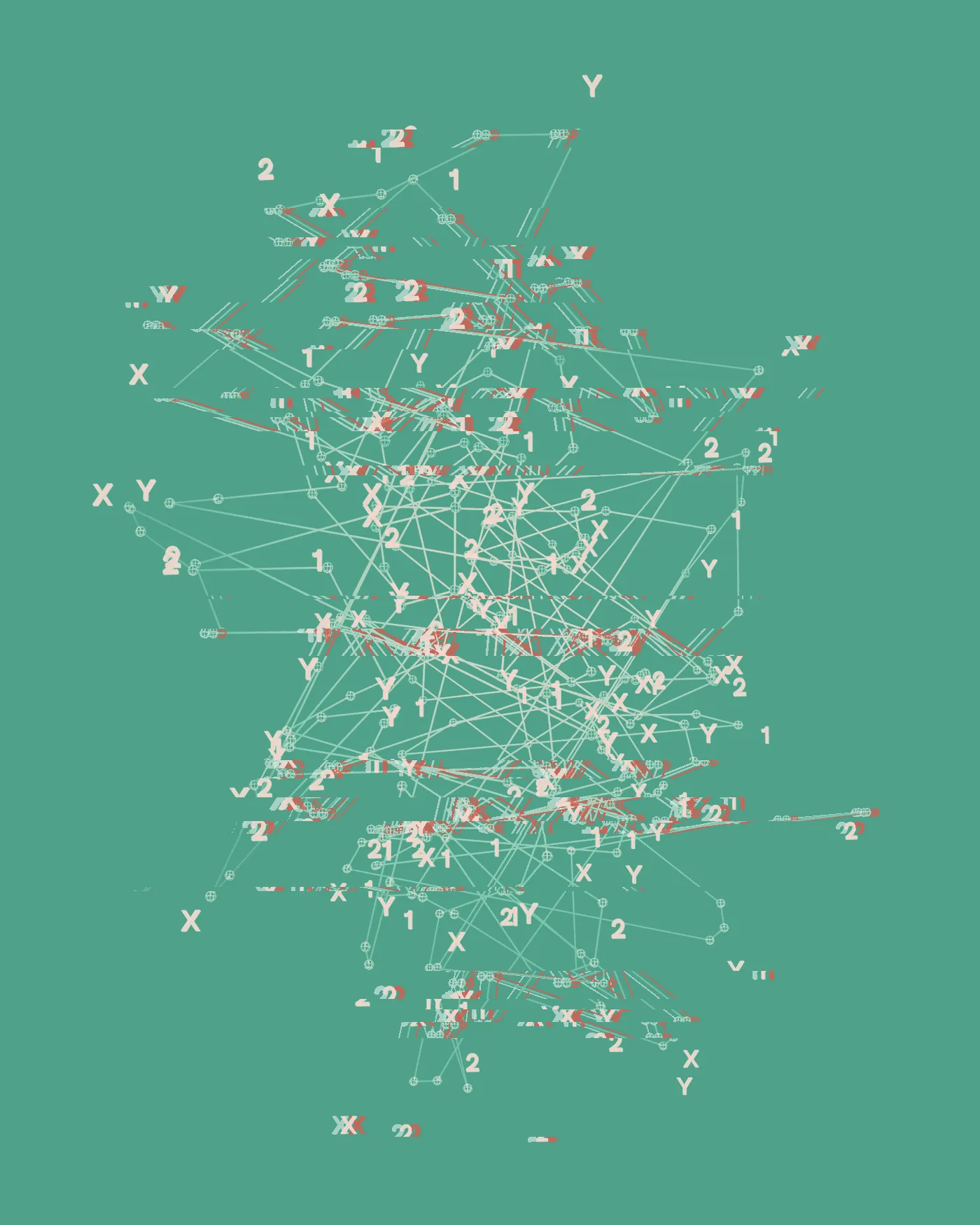 Tangled web of white lines and nodes labelled X, Y, 1 and 2 on black