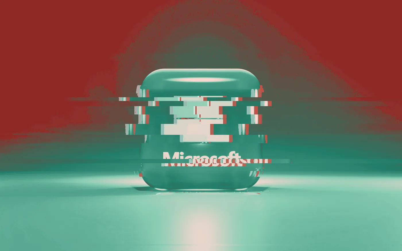 Microsoft logo on a glowing translucent cube against a dark background