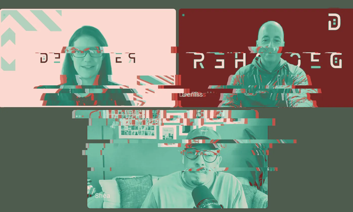 Video call with three people, two in front of Decipher branded backgrounds