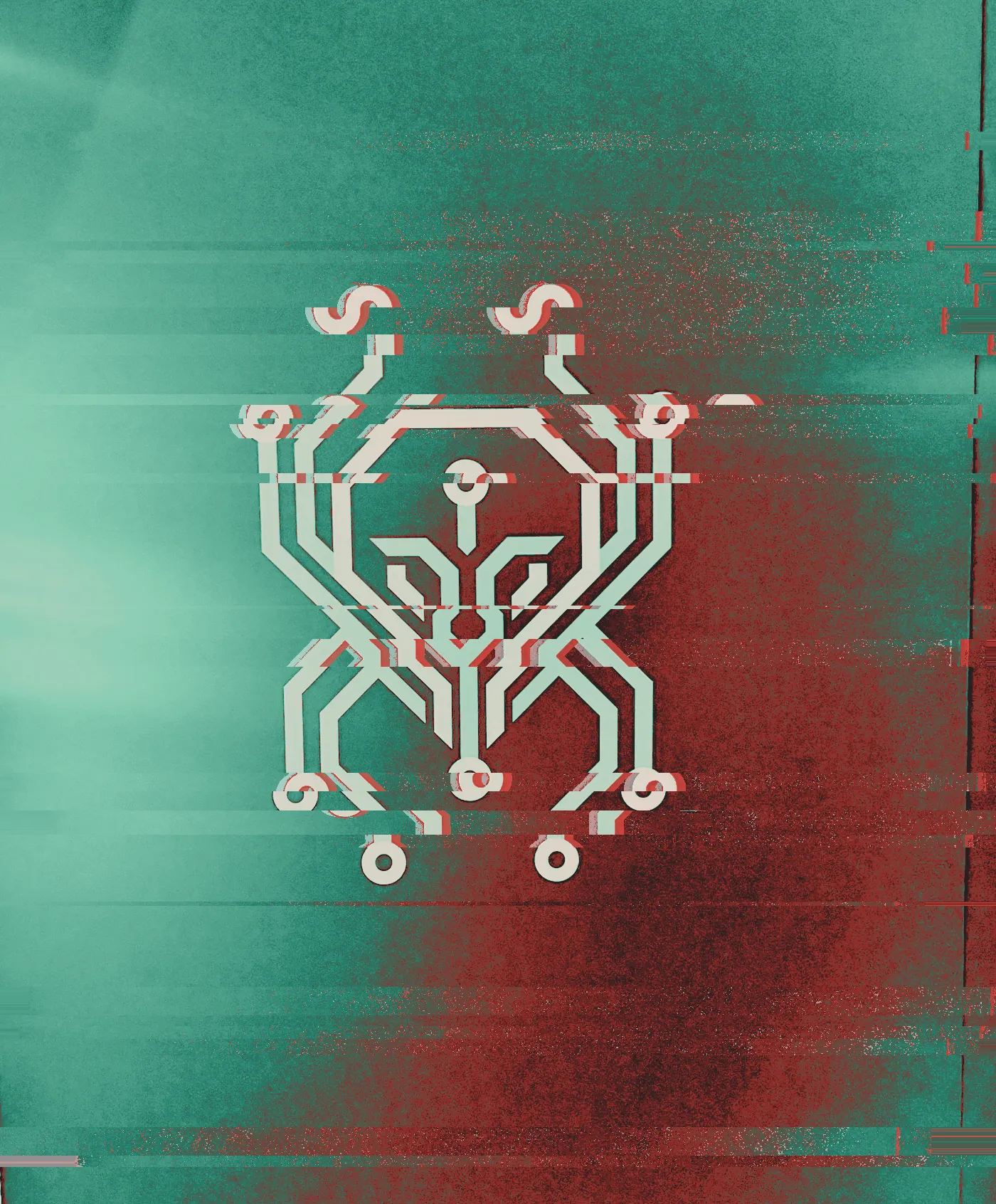 Lilac circuit-trace spider logo on a grey wall panel