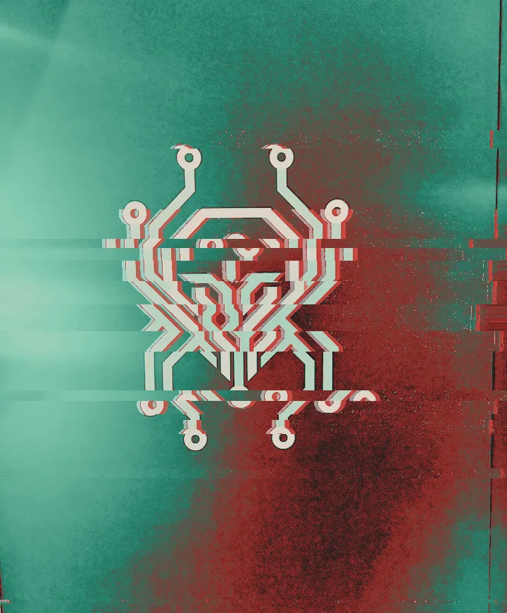 Lilac circuit-trace spider logo on a grey wall panel
